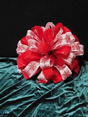Christmas Tree Bow Topper, Red Snowflake and Red Ribbon Tree Topper 44 Loop Bow